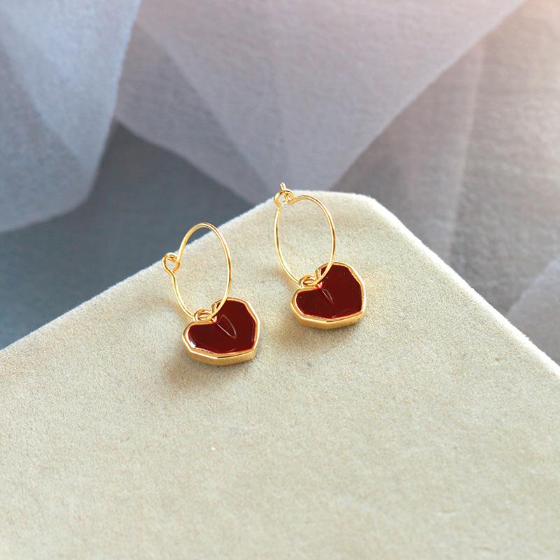 Burgundy Drip Glaze Heart Hoop Earrings for Women - Simple & Versatile Dangle Accessory