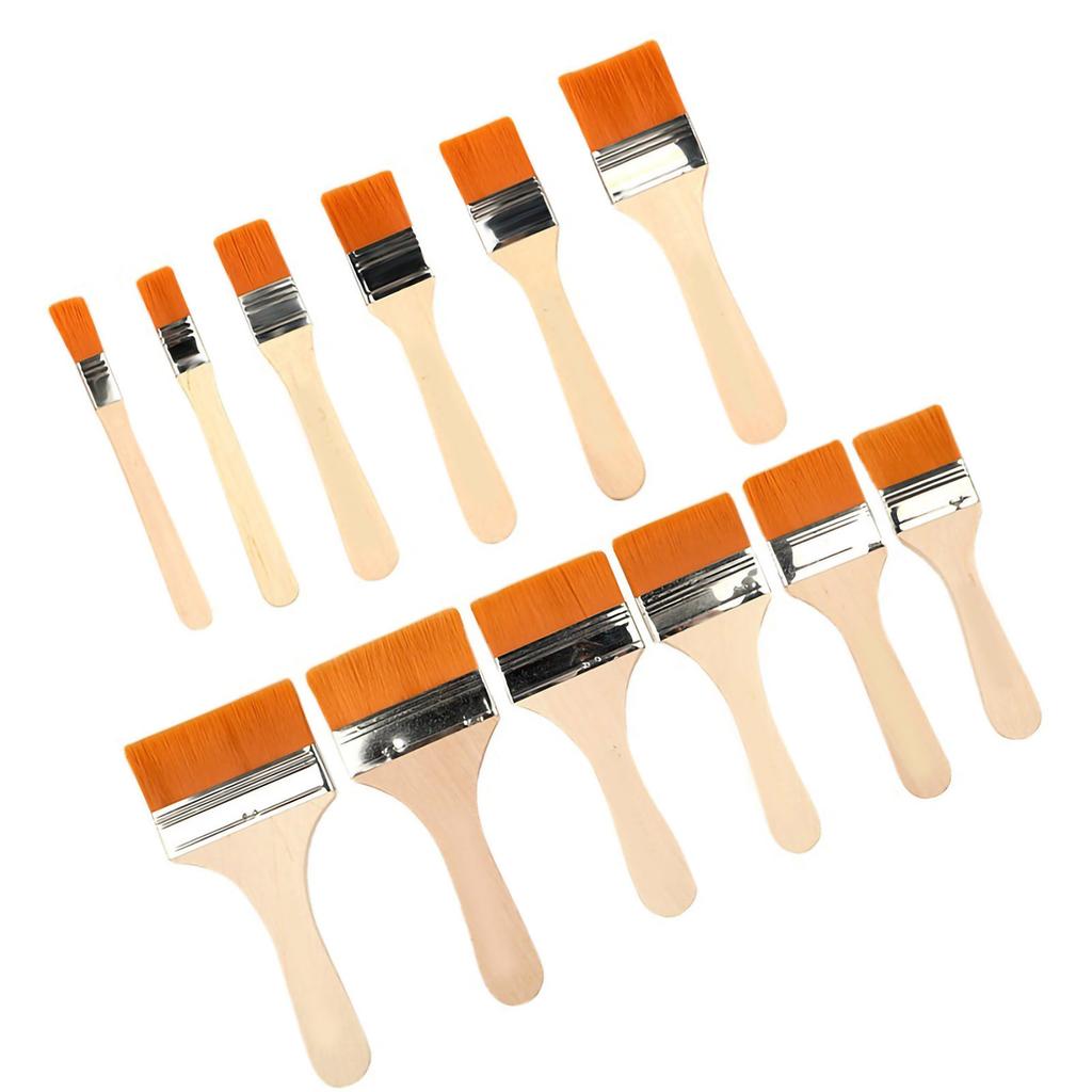 12PCS Flat Paint Brush Nylon Bristle Wooden Handle Aluminum Alloy Chip Paint Brush for BBQ Yellow 12PCS