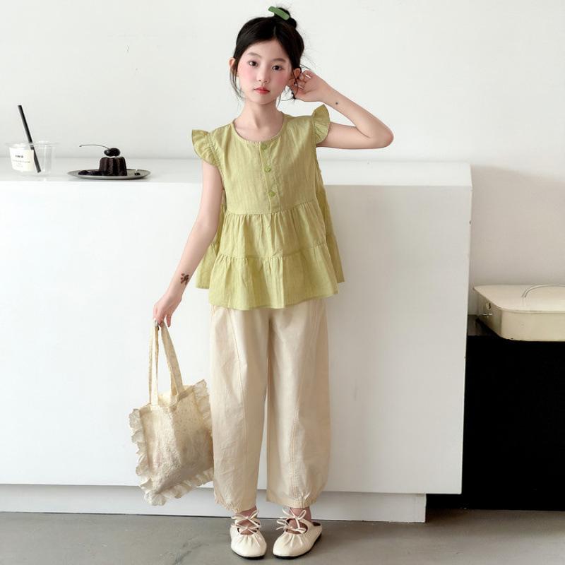 Summer 2026 Korean Chic Girls' Flutter Sleeve Vest & Wide-Leg Pants Two-Piece Set