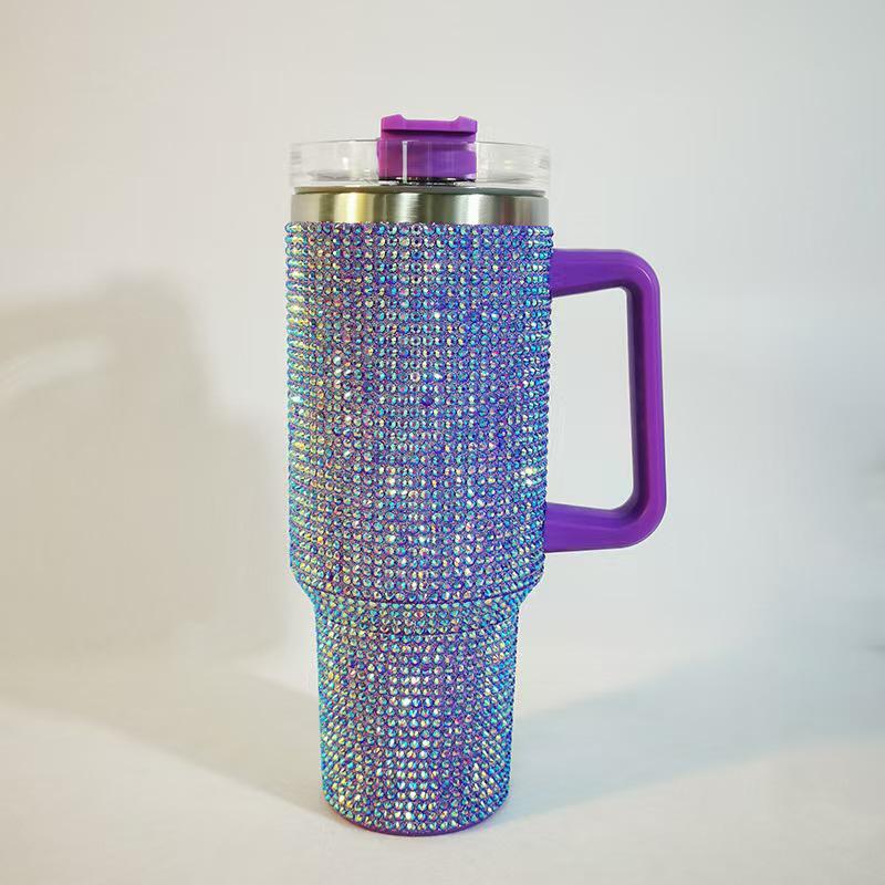 40oz Rhinestone-Inlaid Insulated Tumbler with Handle - Stainless Steel Double-Wall Cup for Outdoor and Car 40oz фиолетовый