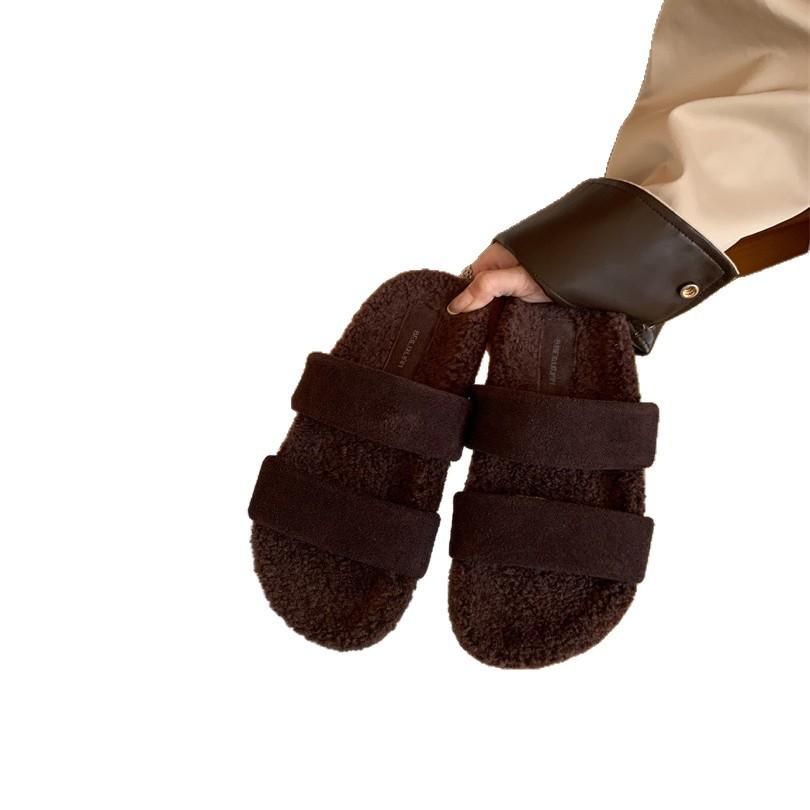 2025 autumn and winter Mao Mao shoes slippers women's new French style with skirt women's shoes wear one-word thick-soled slippers