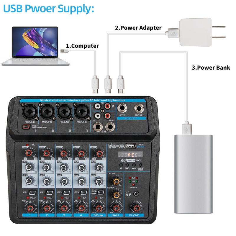 48V USB Drembo M 4/6-channel Protable bluetooth Digital Audio Mixer Console with Sound Card Phantom Power for DJ PC Recording 4 channel
