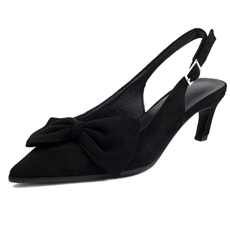 Women's Heels Summer Shoes 2025 New Fashion Bow Close Point Toe Black Brown Short Heeled Party Office Shoes Female Slingbacks