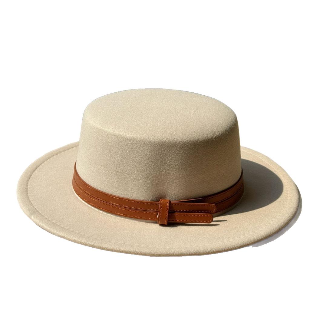 New French Double Belt Buckle Woolen Hat Flat Top Hat for Women Autumn and Winter British Retro Style Wide Brim Felt Hat