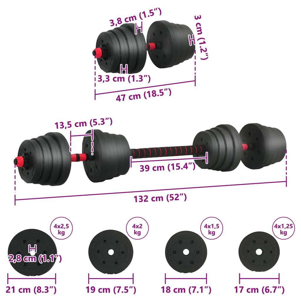 2 In 1 Adjustable Dumbbell and Barbell Set 30 Kg Black and Red