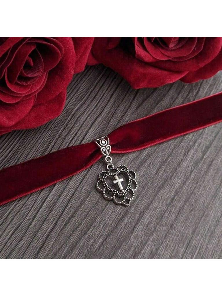 1Pc Gothic Cross Heart Pendant Choker Necklace Black Red Velvet Chokers Punk Jewelry For Women Girls