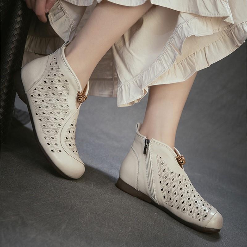 Johnature Retro Summer Short Boots Flat Side Zipper Genuine Leather Hollow-out Breathable Women's Shoes