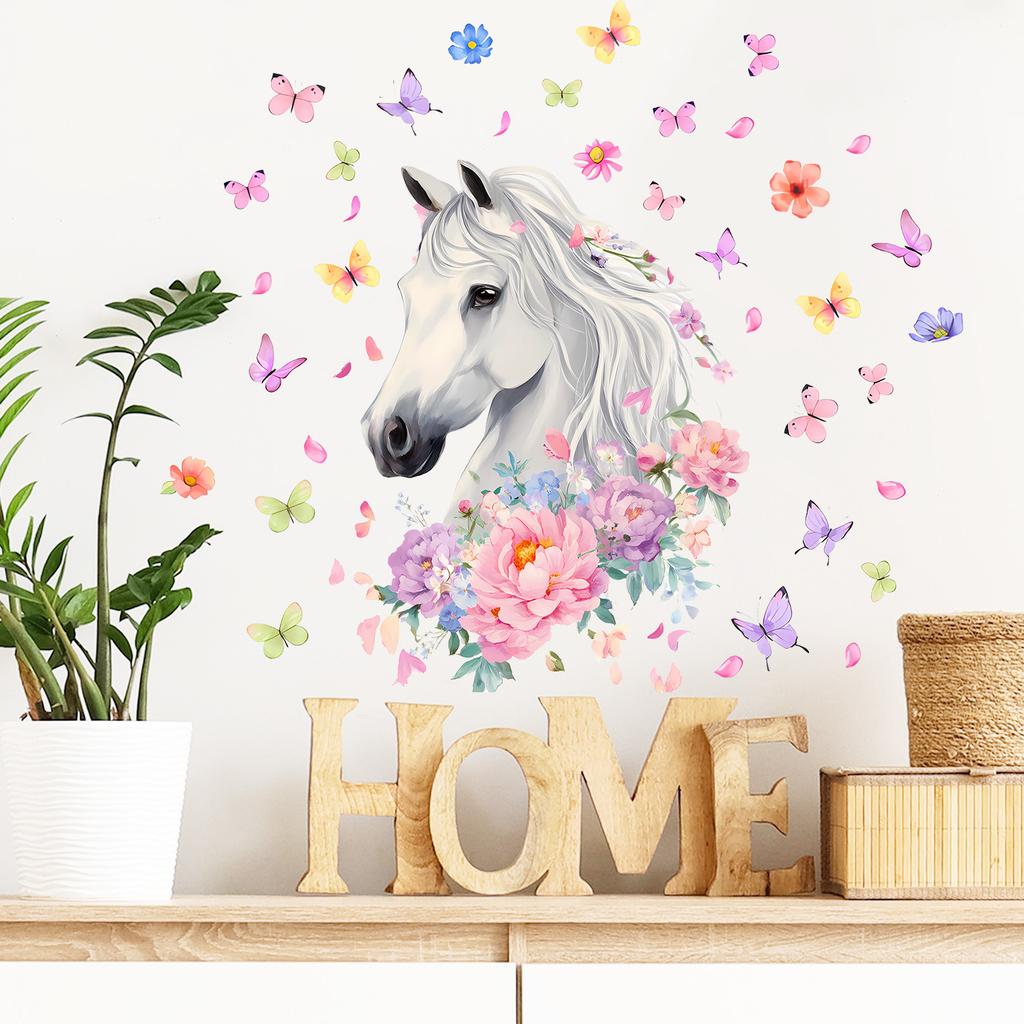 Self Adhesive Wall Stickers Horses Flowers Butterflies for Kids Room Living Room Background Wall Decoration