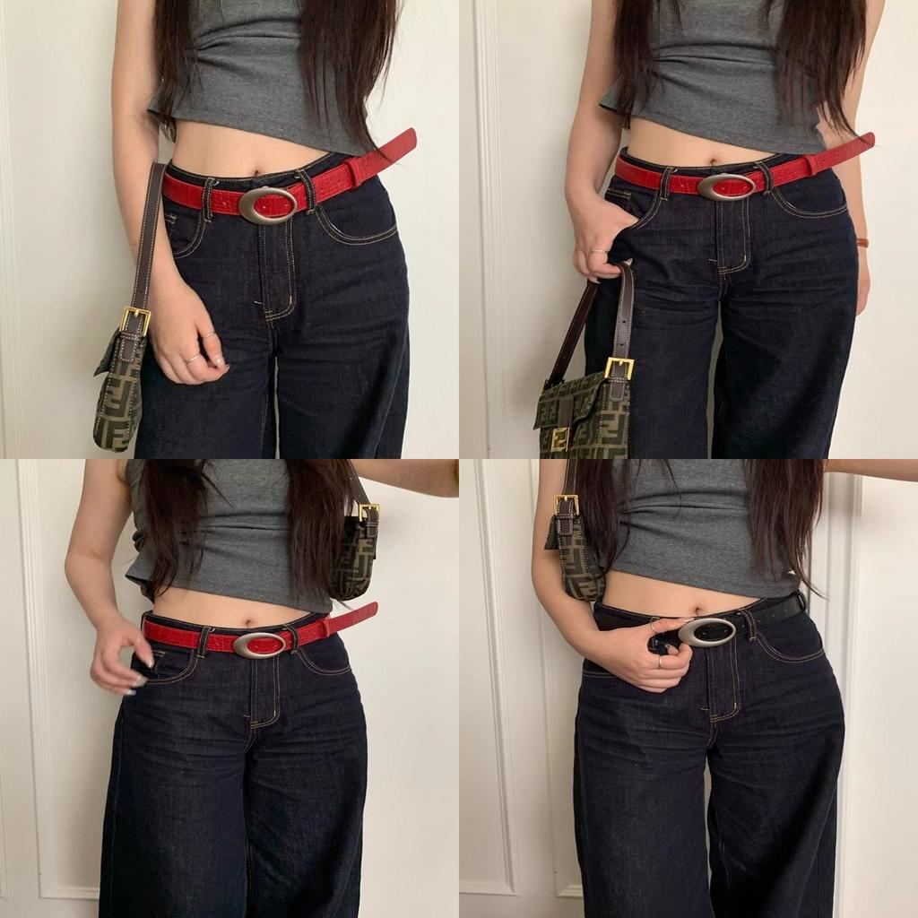 Pu Leather Retro Red Crocodile Pattern Belt For Women Fashion Accessory