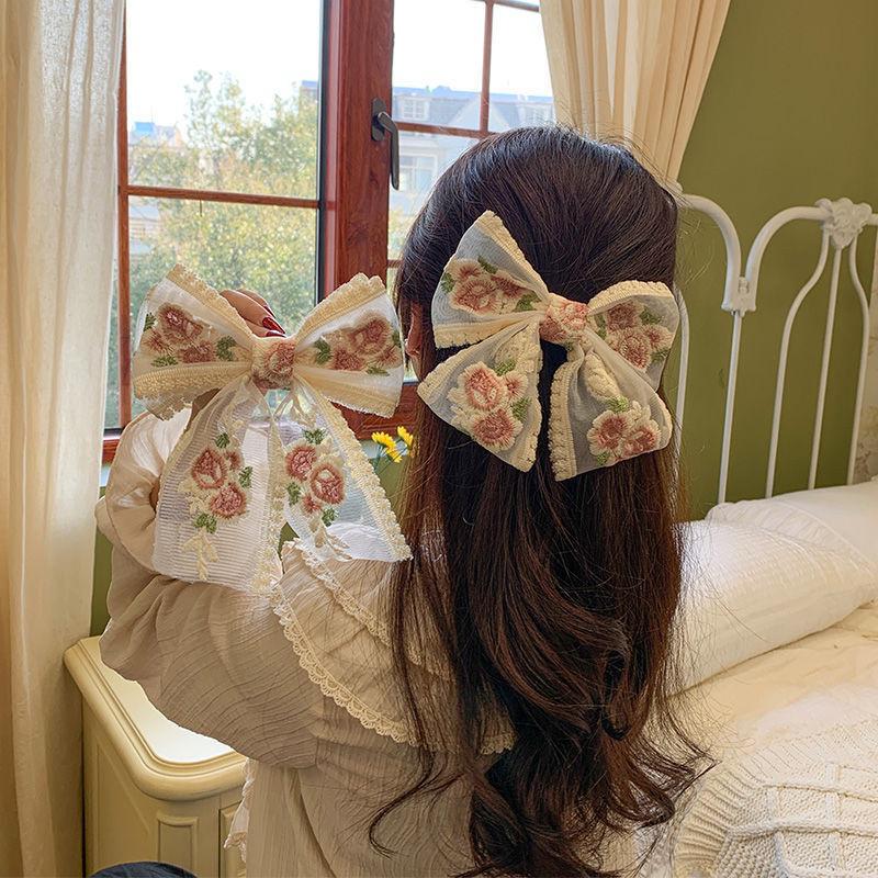 Embroidered Bow Hairpin Lace Hair Clip Sweet Back Of The Head Duckbill Clip  Hair Accessories For Girl Woman