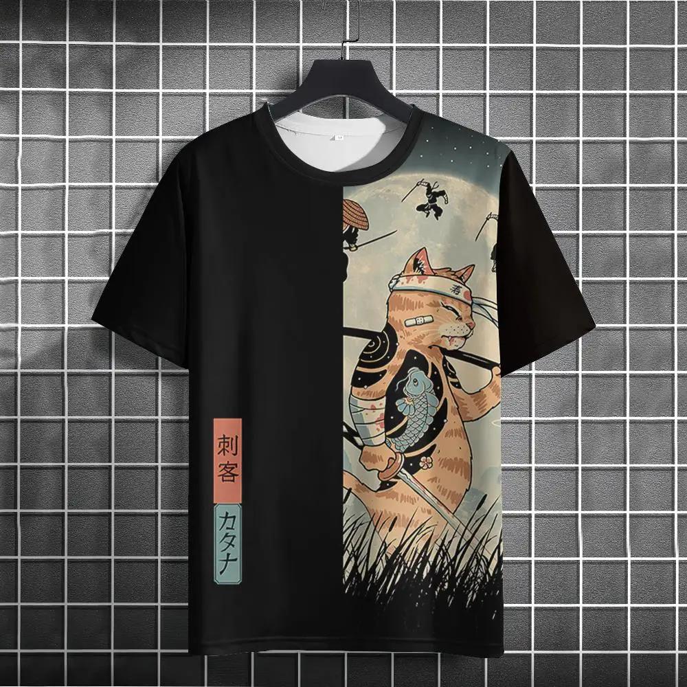 New Trend Cartoon Graphic T Shirt Japanese samurai Ninja Cat 3D Printed Funny Tshirts For Men Clothing Fashion Loose O Neck Tops