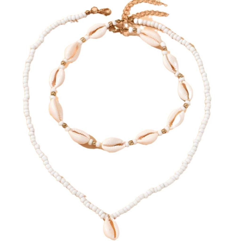 Minimalist Beach Style Shell Pendant Necklace with Handmade Rice Bead Double-Layer Chain