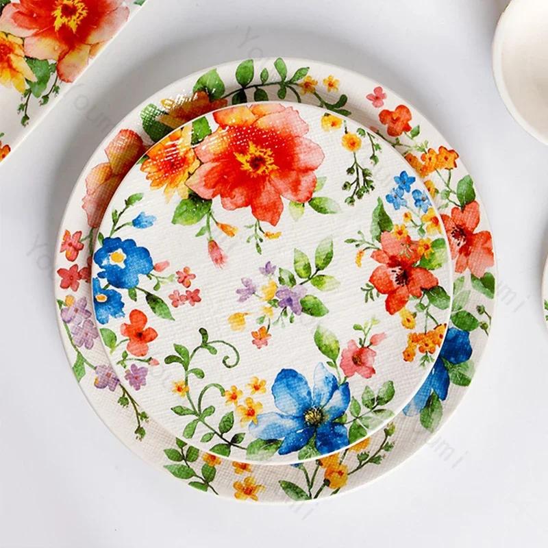 Creative Exquisite Flower Ceramic Plate Home Circular Afternoon Tea Cake Dessert Tray Delicious Dishes Large Soup Bowl Tableware
