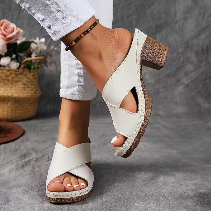 Women Summer Lightweight Hollow Sandals High Heels New Dress Chunky Cross Open Toe Slippers Plus Size Female Casual Slides Shoes