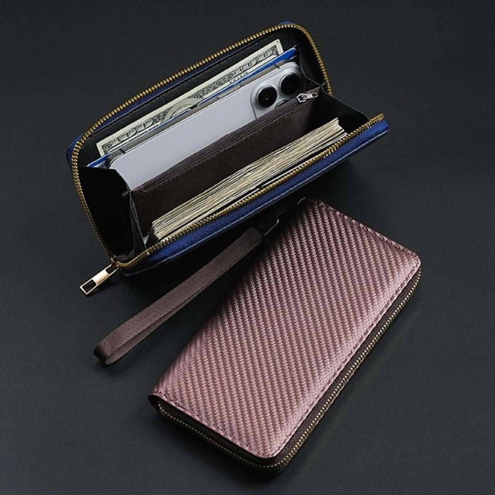 New Zipper Buckle Long Wallet Solid Color PU Leather Money Clip Minimalist Carbon Fiber Multi-Slot Card Holder Men