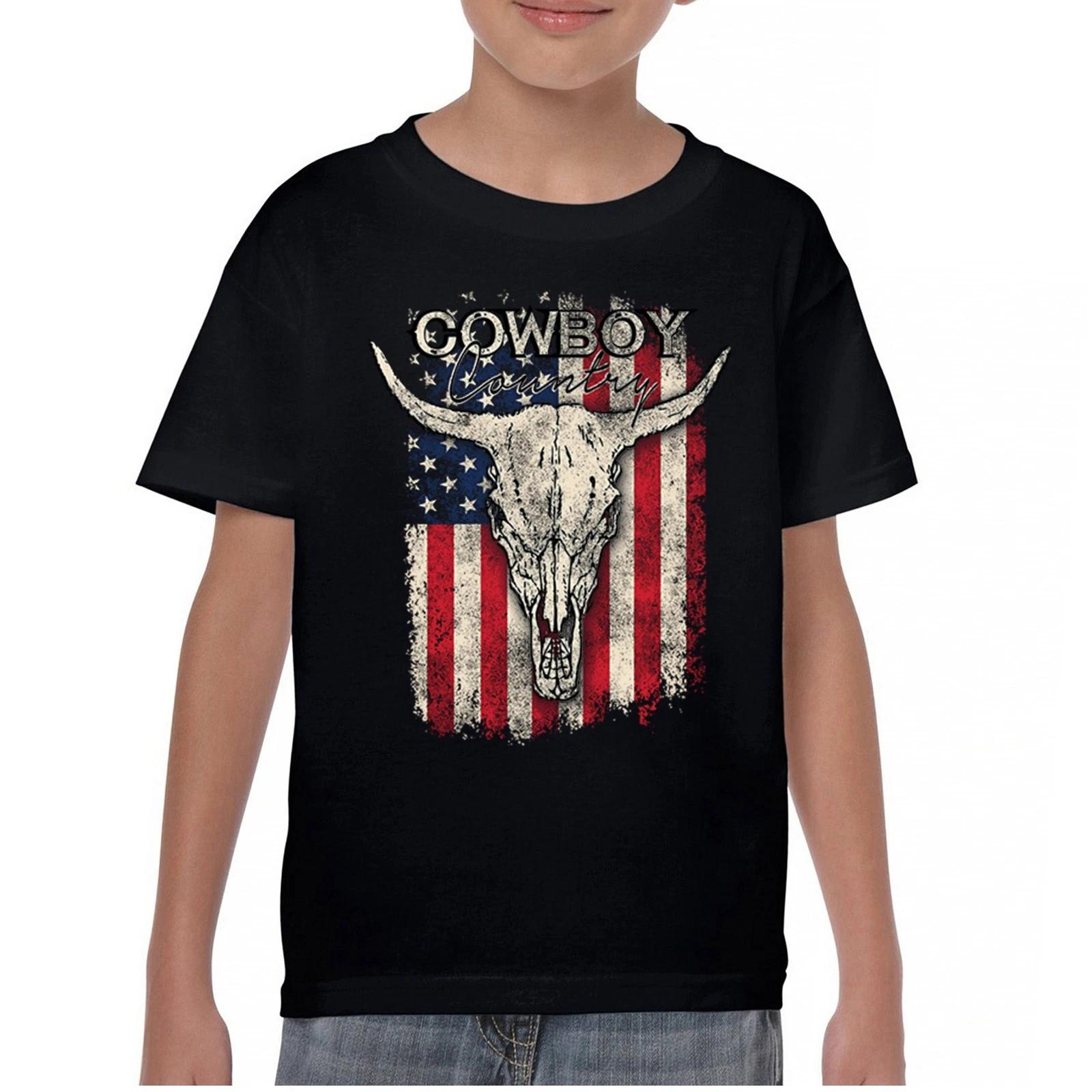 Cowboy Country Steer Head Youth kids boys T-Shirt Rustic Cow Skull American Flag Kids 150