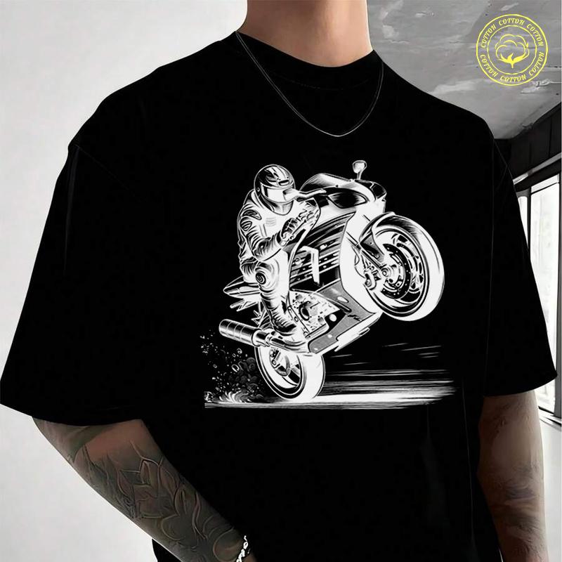 Motorradfahrer & Print Herren Baumwoll-T-Shirt Moto Lässig Rundhals Kurzarm Sommer Streetwear