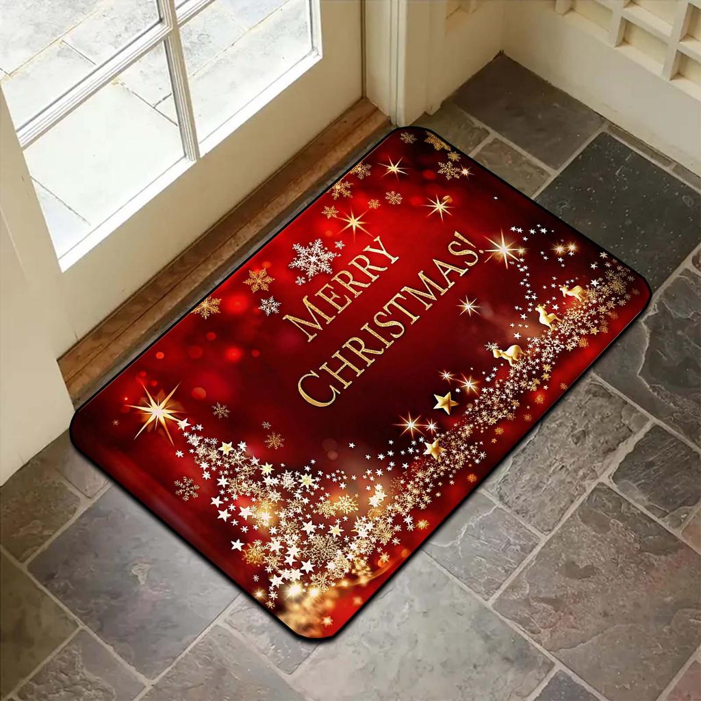 Christmas Holiday Floor Rug Cute Pet Paw with Santa Hat Snowflake Stripe Festive Pattern Decor Area Rug Ornament Doormat