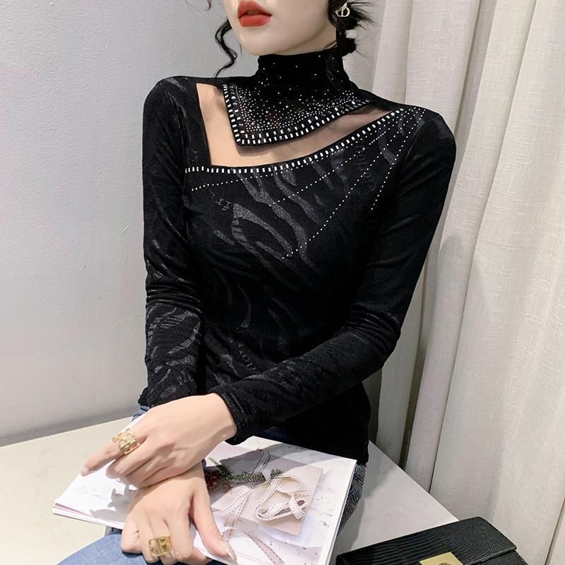 Spring Autumn Classic Women Turtleneck Long Sleeved T-Shirt Fashion Sexy Hot Diamonds Tees Elastic Slim Girl Tops Blouse