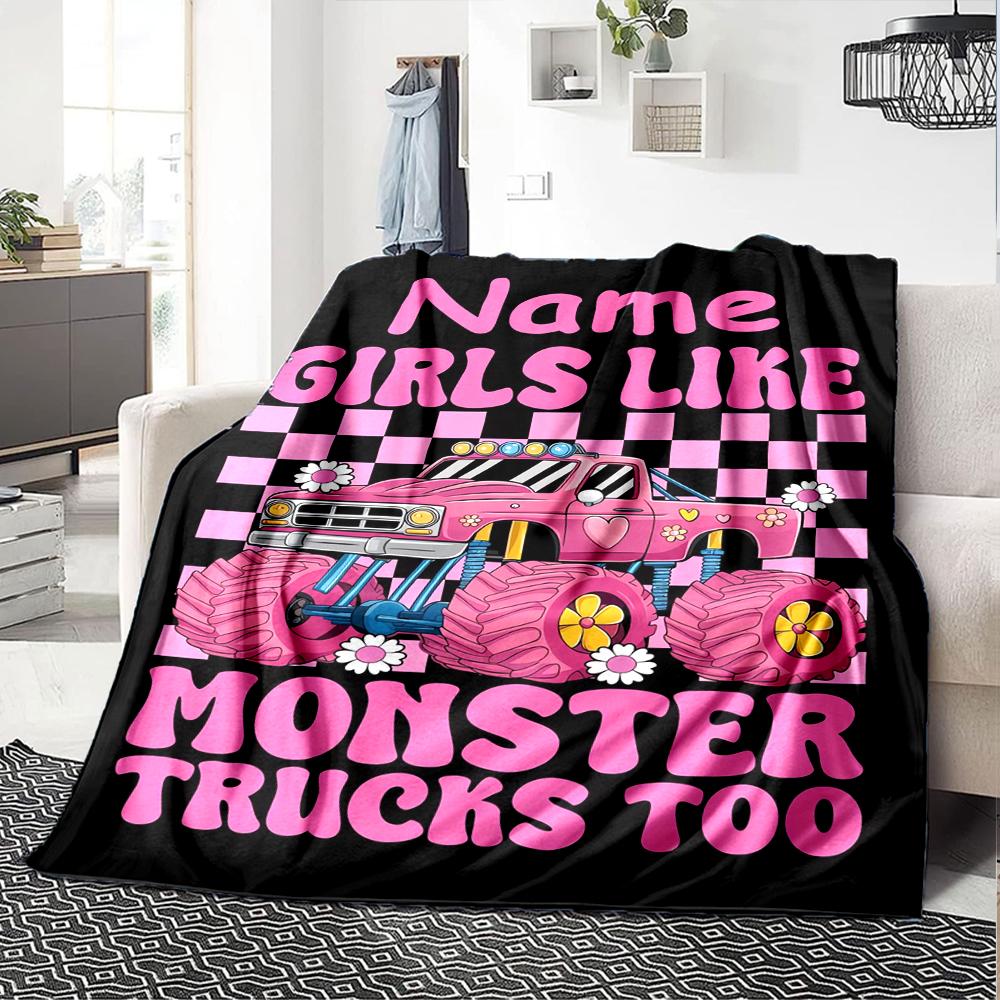 Custom Name Truck Theme Printed Blanket - Perfect for Couch, Bed, Travel & Outdoor Use | Machine Washable, Cozy & Durable.
