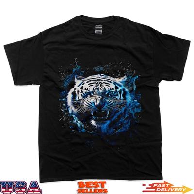 Blue Tiger Watercolor Effect Wild Animal 100% Cotton T-shirt Mens Tees Top