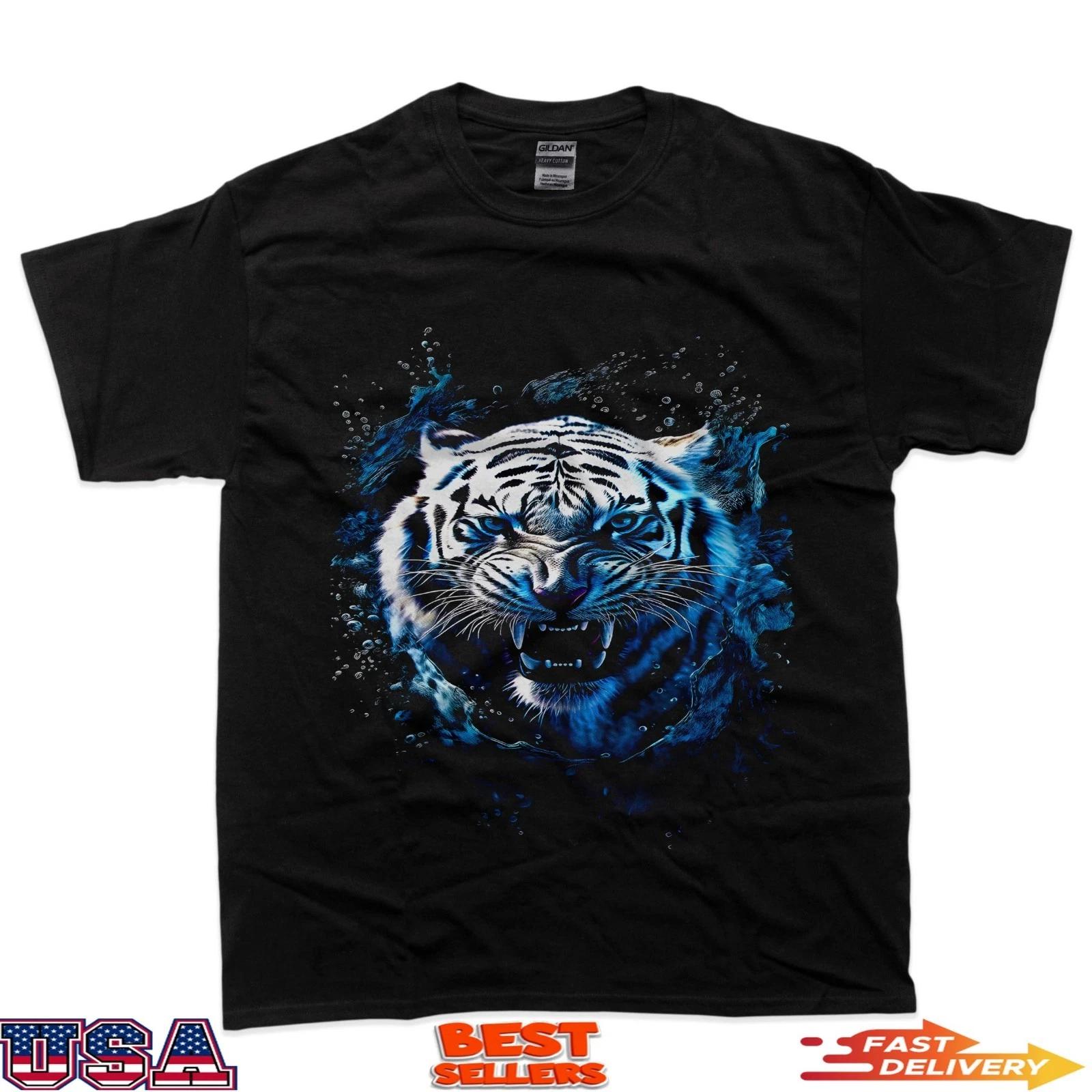 Blue Tiger Watercolor Effect Wild Animal T-Shirt 3XL