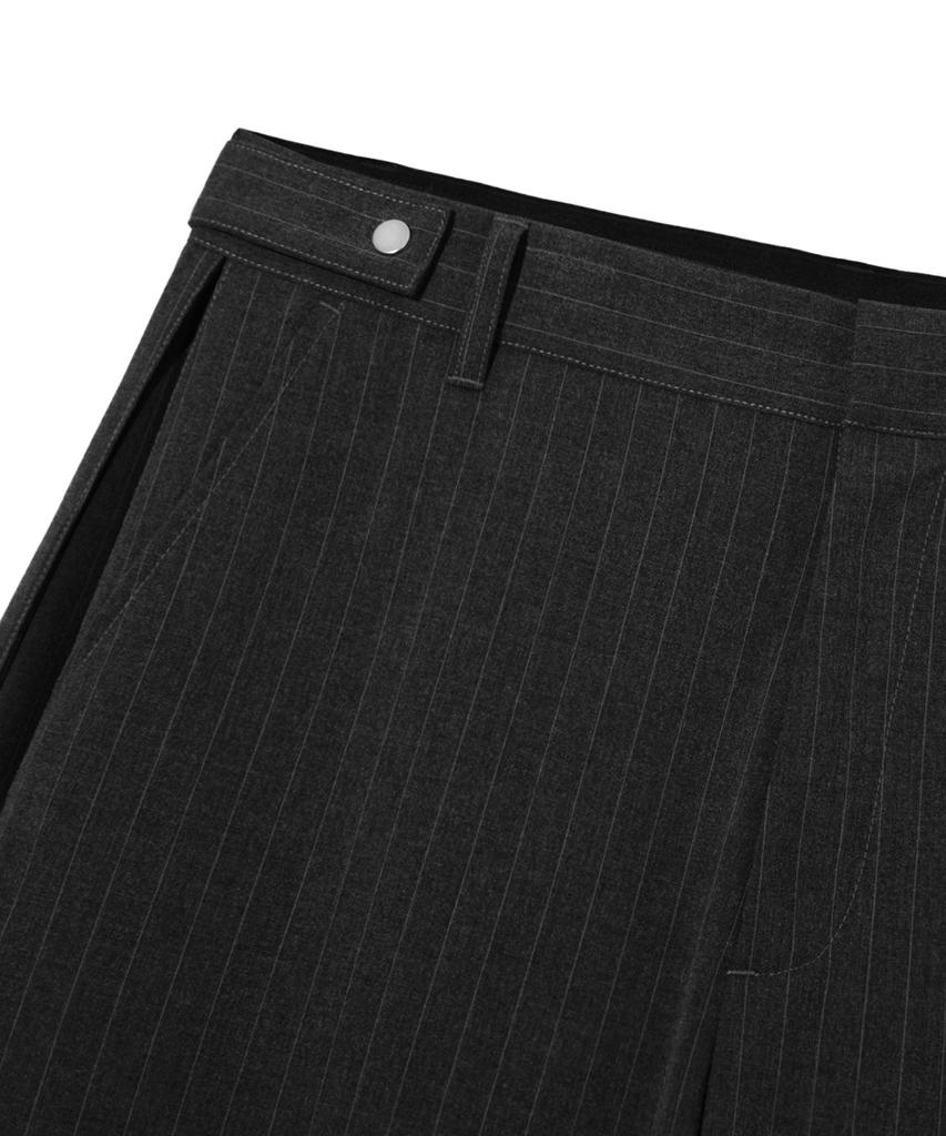 TRILLION Striped Side Pleat Snap Button Wide Slacks_Black