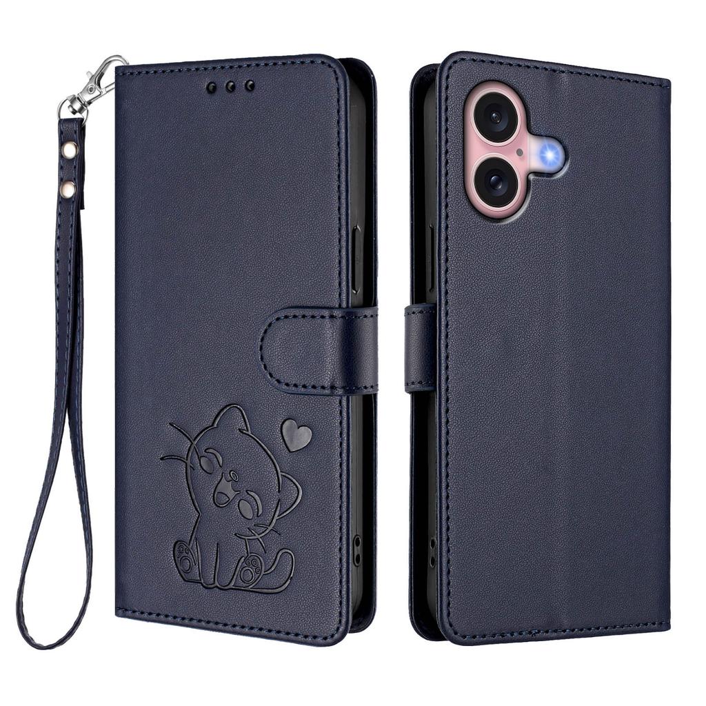 For iPhone 16 Wallet Case with Wrist Strap Love Cat Pattern Imprint Leather Phone Cover