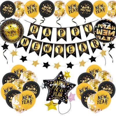 Ornamental New Year Party Décor: 12-Inch Latex Balloons & Pull Flag Arrangement with Aluminum Film Balloons