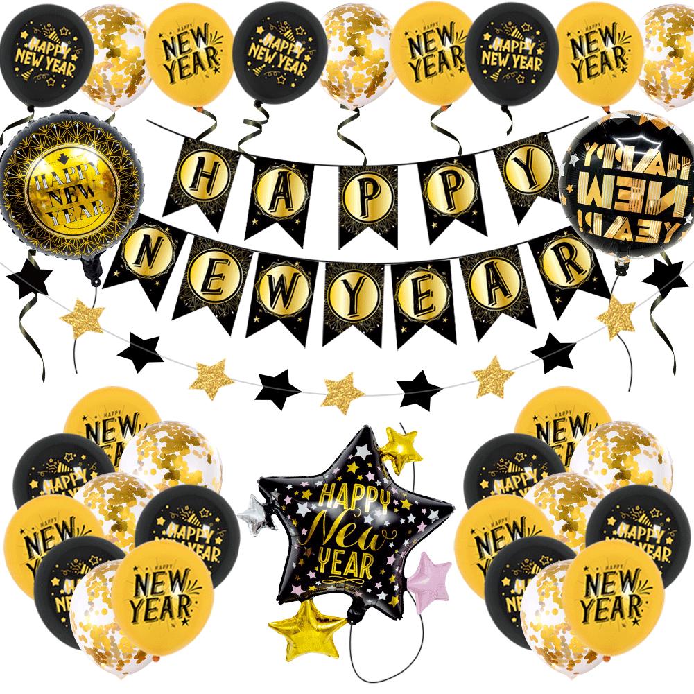 Ornamental New Year Party Décor: 12-Inch Latex Balloons & Pull Flag Arrangement with Aluminum Film Balloons