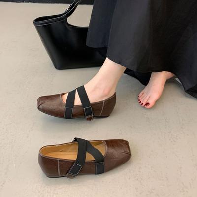 2025 Fashion Niche Square Head Cross Strap Ballet Shoes Literary Retro Flat Single Shoes Women's Mary Jane Grandma Shoes