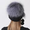 Women's Mink & Fox Fur Hat - Natural Real Fur Knitted Beanie with Pompoms, Warm Elastic Winter Trapper Cap for Ladies