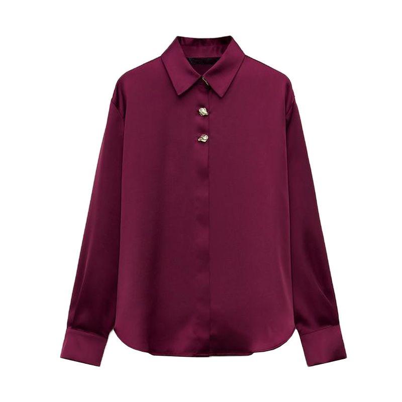 Spring New Women's Clothing French Gold Decorated Row Button Silk Satin Textured Shirt 2138748 9699255