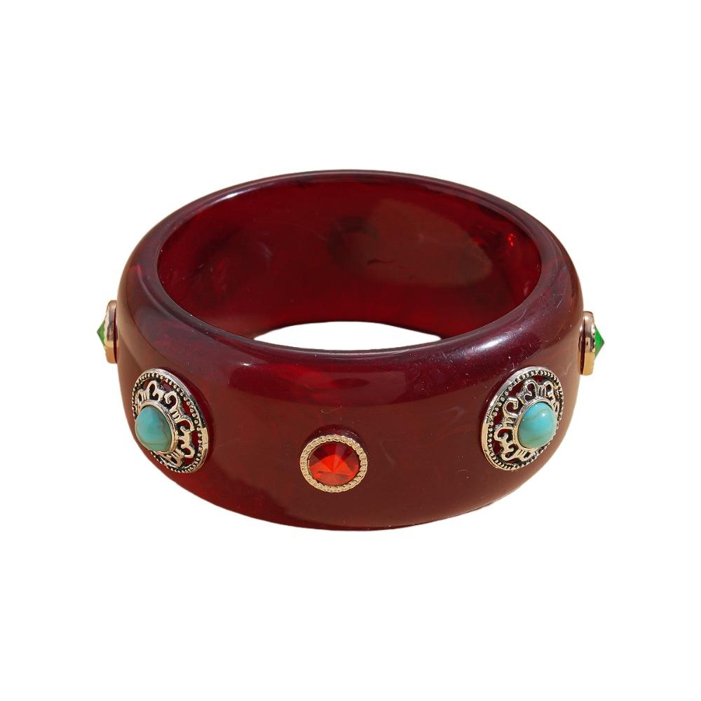 Wide Turquoise Acrylic Bracelet Turquoise Retro Hand Ring Acrylic Rhinestone Bangle  Decoration