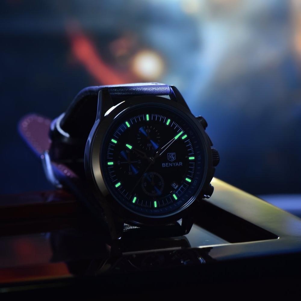 BENYAR New 40MM Men's Multi Functional Chronograph Quartz Watch Lumious Leather Strap Sports Wristwatches For Man