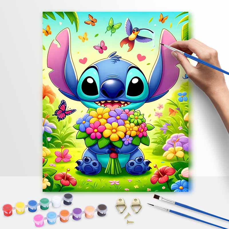 Disney Stitch Flower Digital Oil Painting DIY HandPainted Coloring Art Home Decoration, Beautiful Cartoon Wall Art Decor Paint By Numbers