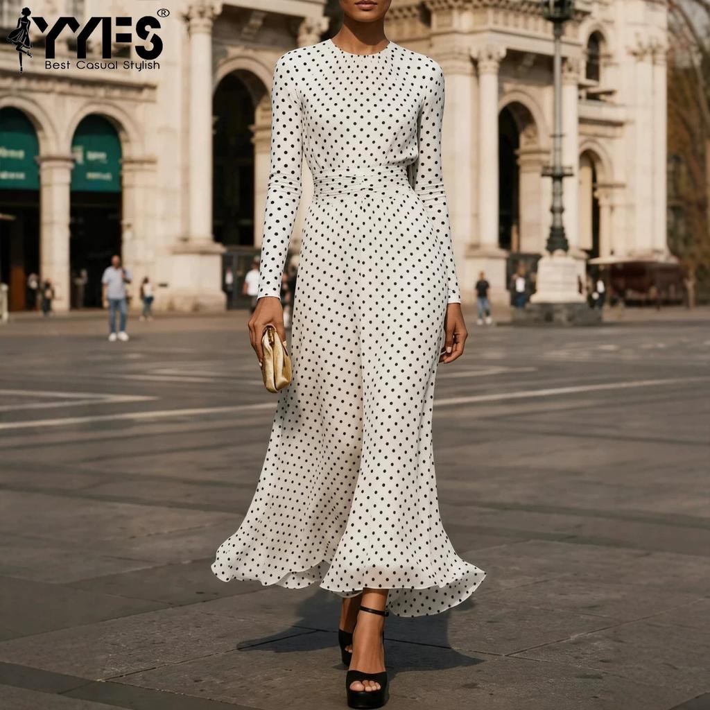 YYFS Moda Donna Primavera Autunno Polka Dot Stampa Manica Lunga Girocollo Vita Alta Casual Abiti