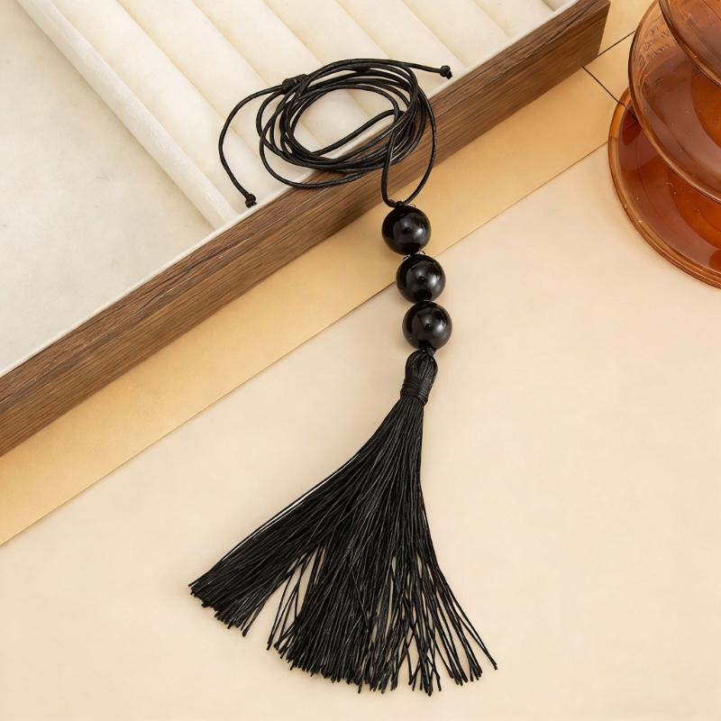 Stylish Retro Long Beaded Necklace Featuring Black Resin Pendant And Delicate Fringe Designs For Daily Wear