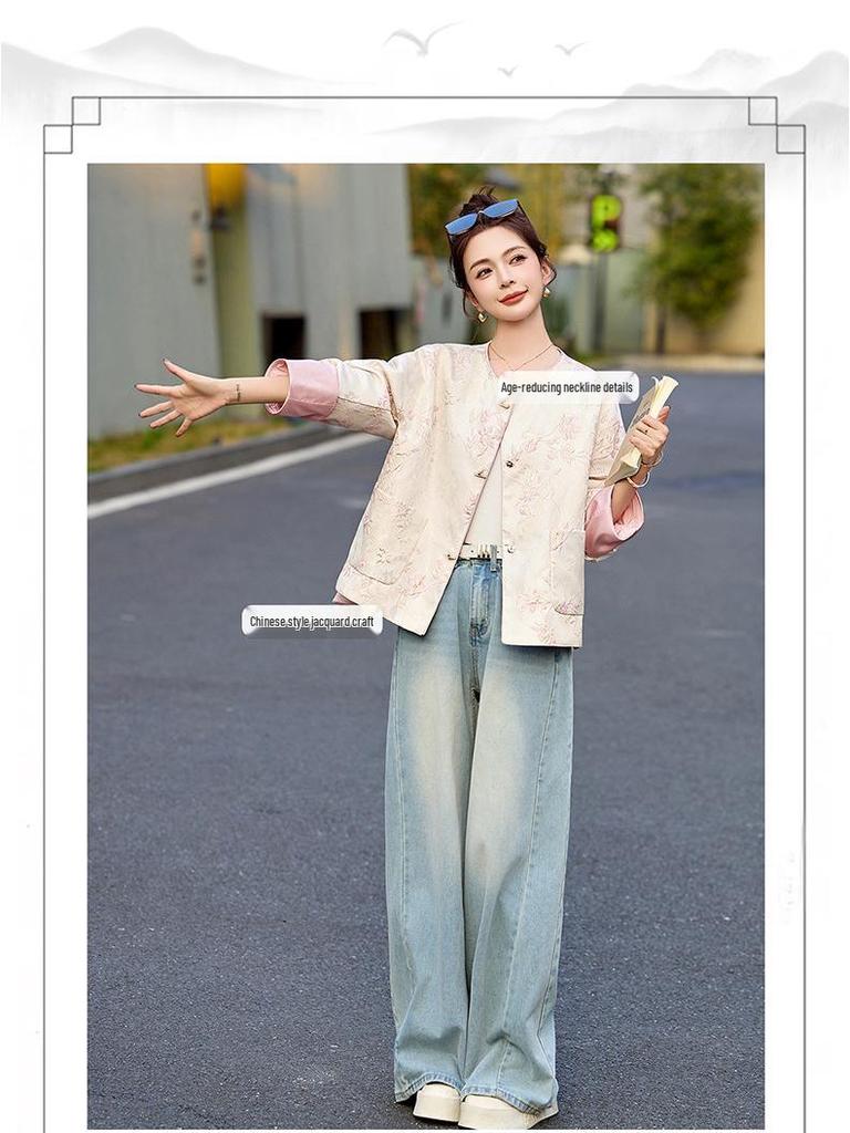 Retro Chinese Jacquard Frog Button Round Neck Jacket - Spring 2025 Collection