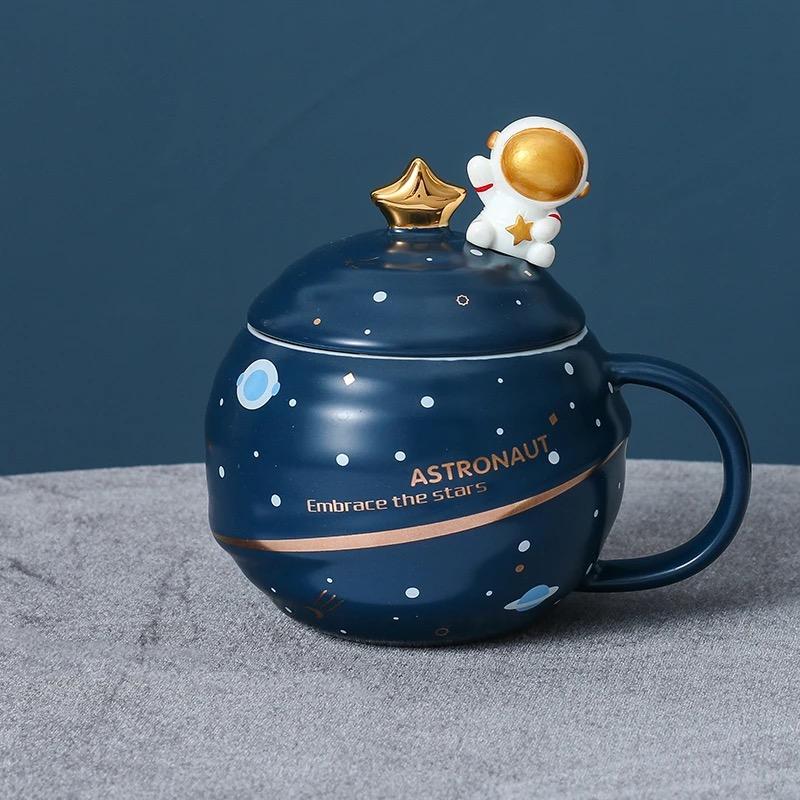 Creative Planet Ceramic Mug with Lid & Spoon, Couple Coffee Cup, Milk & Breakfast Mug Blue