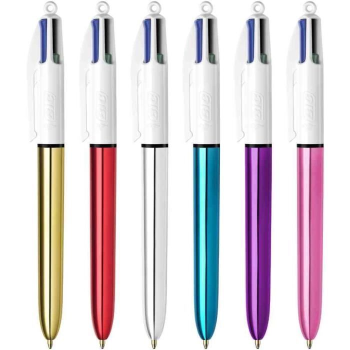 Stylo à bille rétractable - BIC - 4Colours Shine - Pointe moyenne - Couleurs assorties - 12 pièces