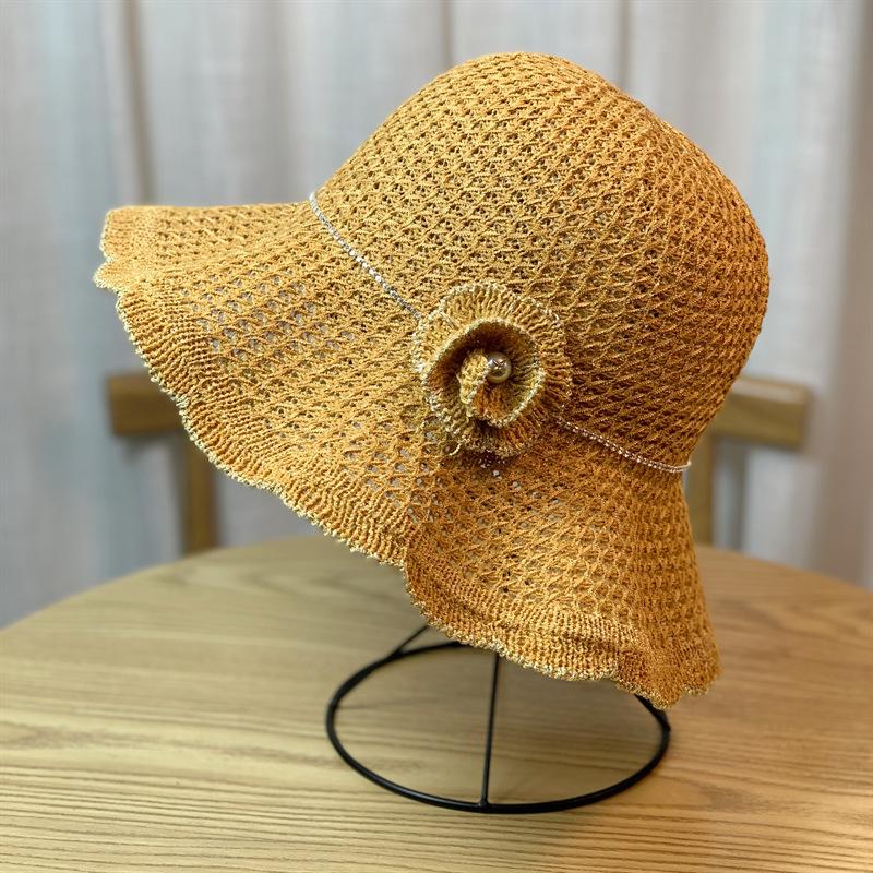 

Flowers Edge Wavy Hollow Out Breathable Shade Fisherman Hat Womens Foldable Sun Hat імбирний