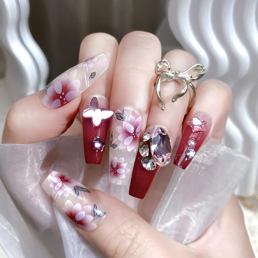Medium Coffin Press on Nails with Rhinestones Designs Reusable Full Cover Glue on Fake Nails Press ons Artificial False Nails Stick on Nails for Women