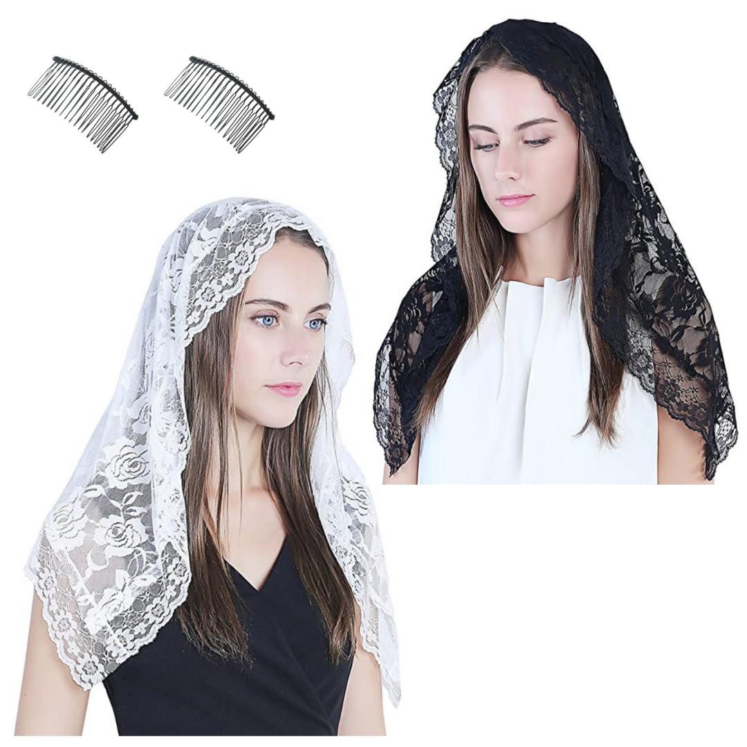 

Uccellino Catholic Veil for Mass, with Attachment Comb, Non-Slip Lace Veil for Worship, Church Veil (Black or White)