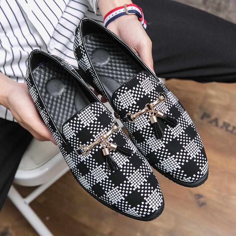 Męskie Casualowe Skórzane Buty w Kratkę z Frędzlami - Koreański Styl, Oddychające, Szpiczasty Wzór na Wiosnę i Jesień 2022