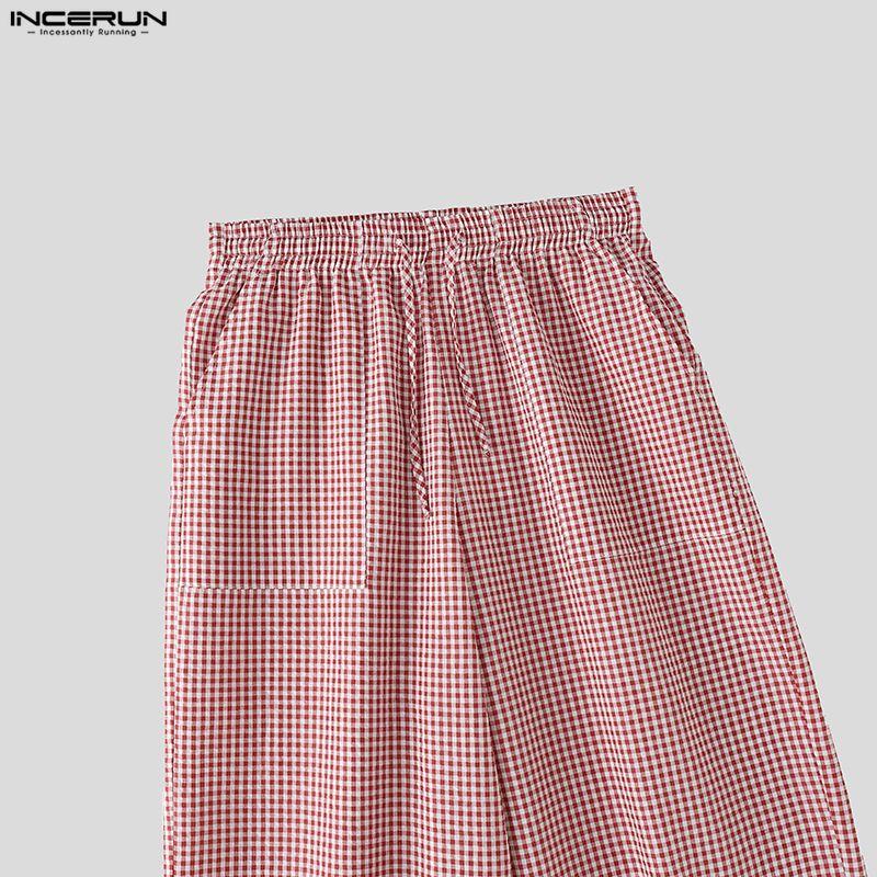 INCERUN Men Drawstring Elastic Waist Plaid Print Casual Long Wide Leg Pants Trousers