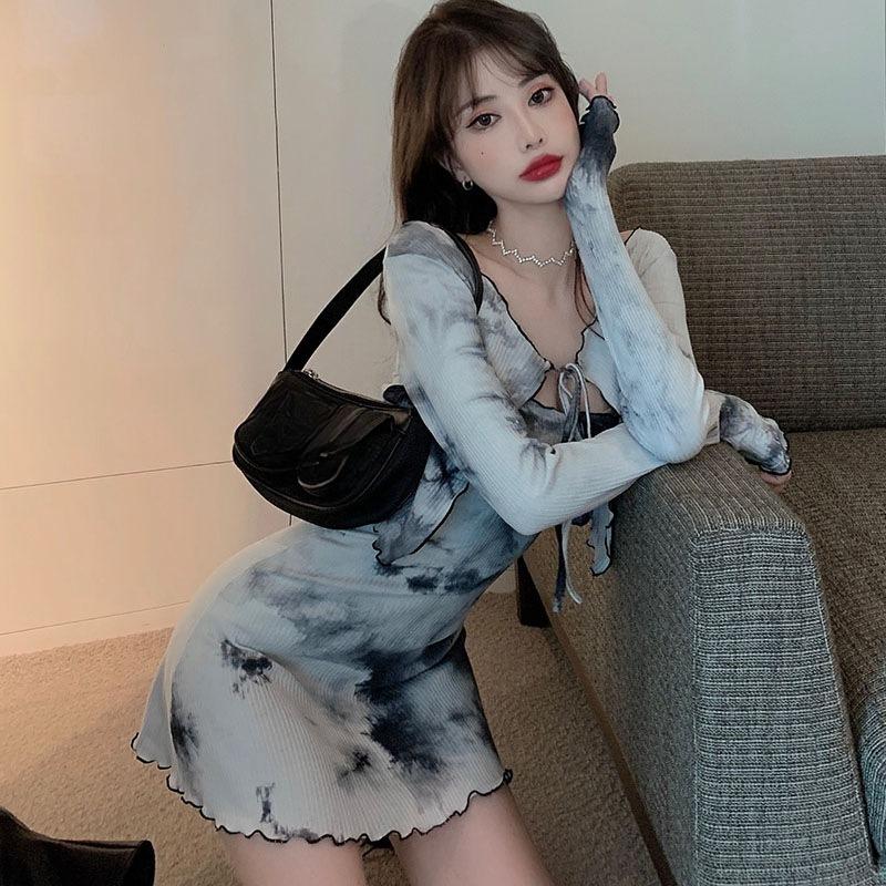 2ks sada podzimní kravatový design Sense Tube Top šaty Ženy Módní Cardigan Top Ležérní Elegantní dvoudílný oblek Plážový styl