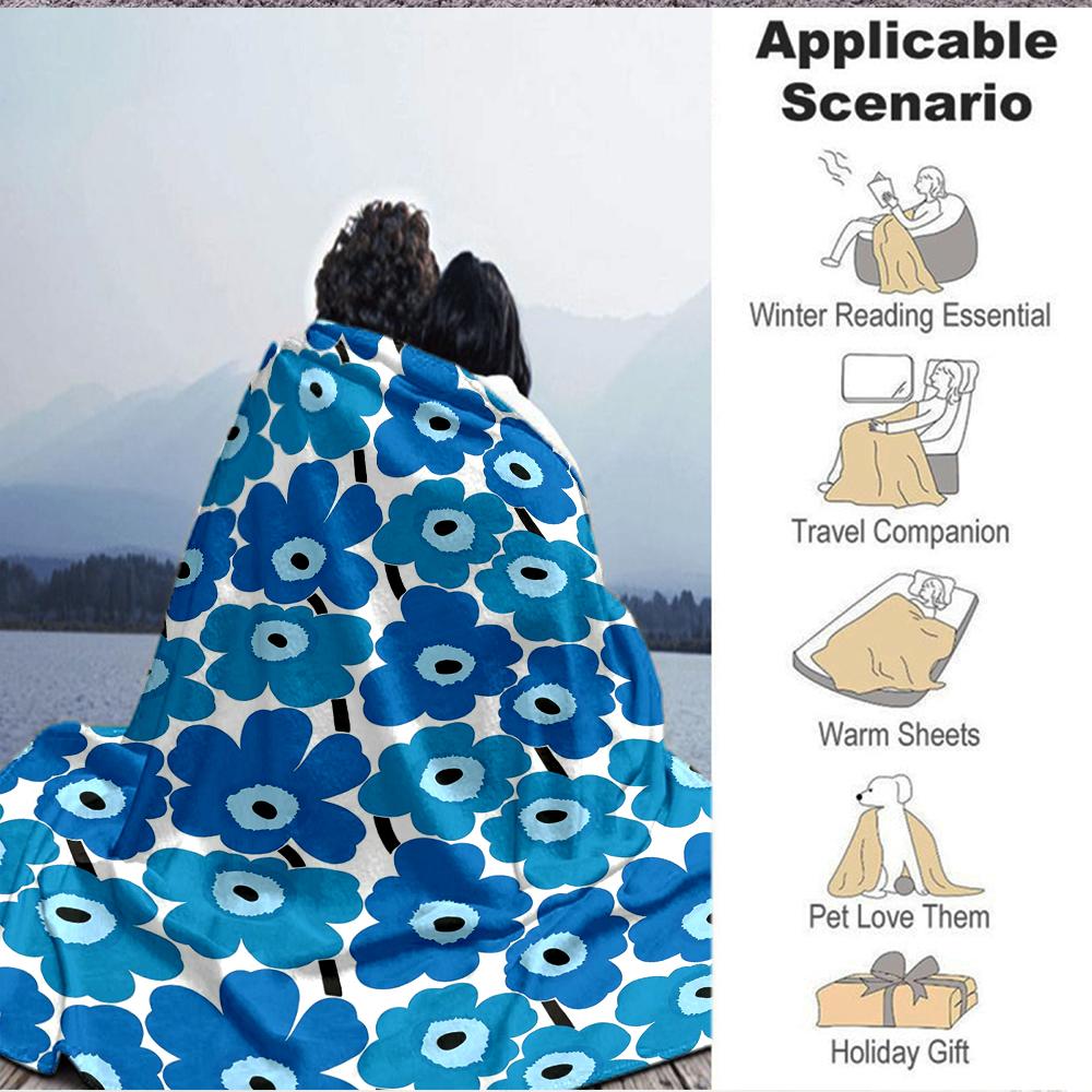 1Pc Blue Floral Blanket Soft And Comfortable Casual Warm Camping Travel Christmas Halloween Xmas Gift M928187