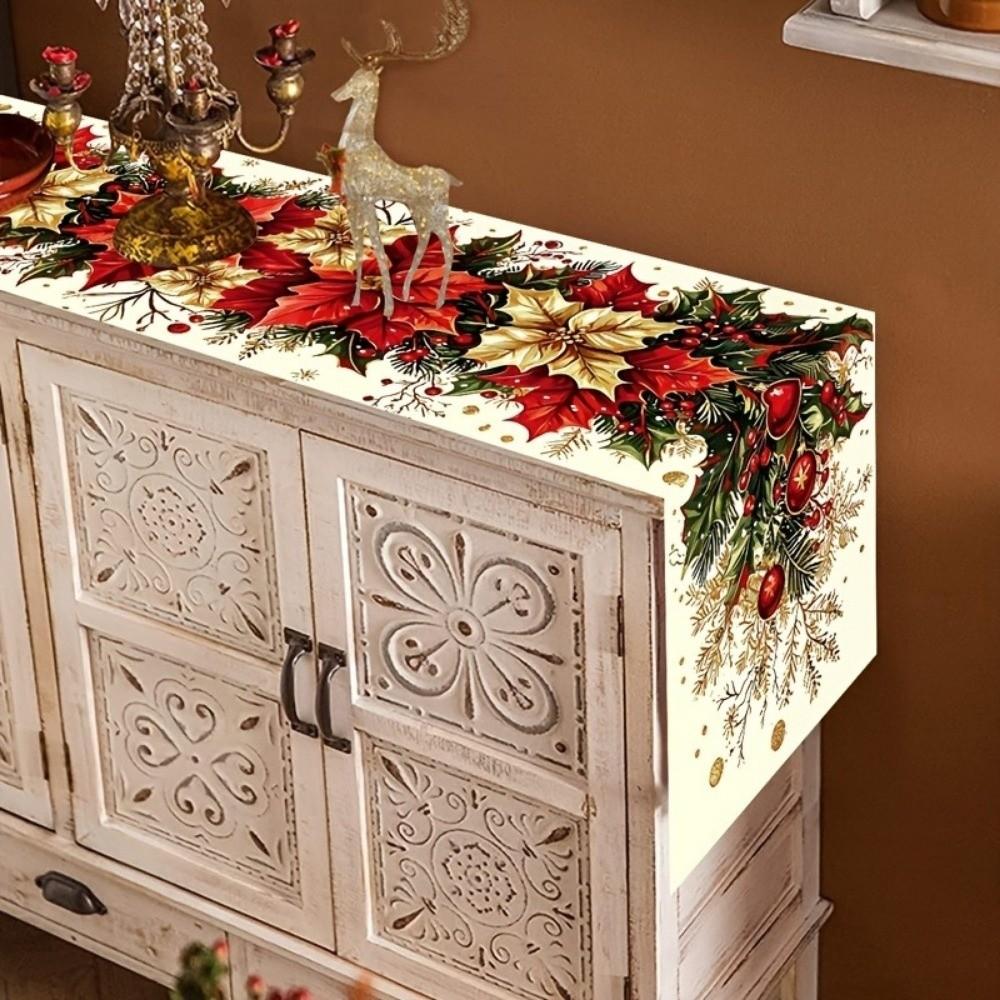 Reindeer Christmas Table Runner Tabletop Decoration Poinsettia Table Runner  Kitchen