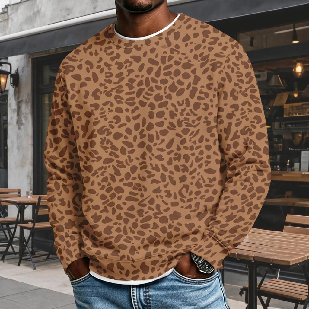Men's Trendy Loose Fit Casual Leopard Print Long Sleeve Top with Lapel Collar